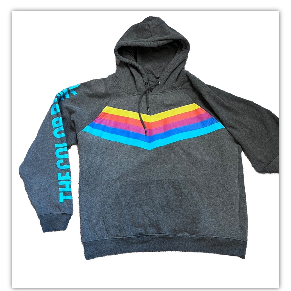 THE COLOR RUN MEN'S GRAY RAINBOW ACCENTS LONG SLEEVE HOODED SWEATSHIRT‎ XL